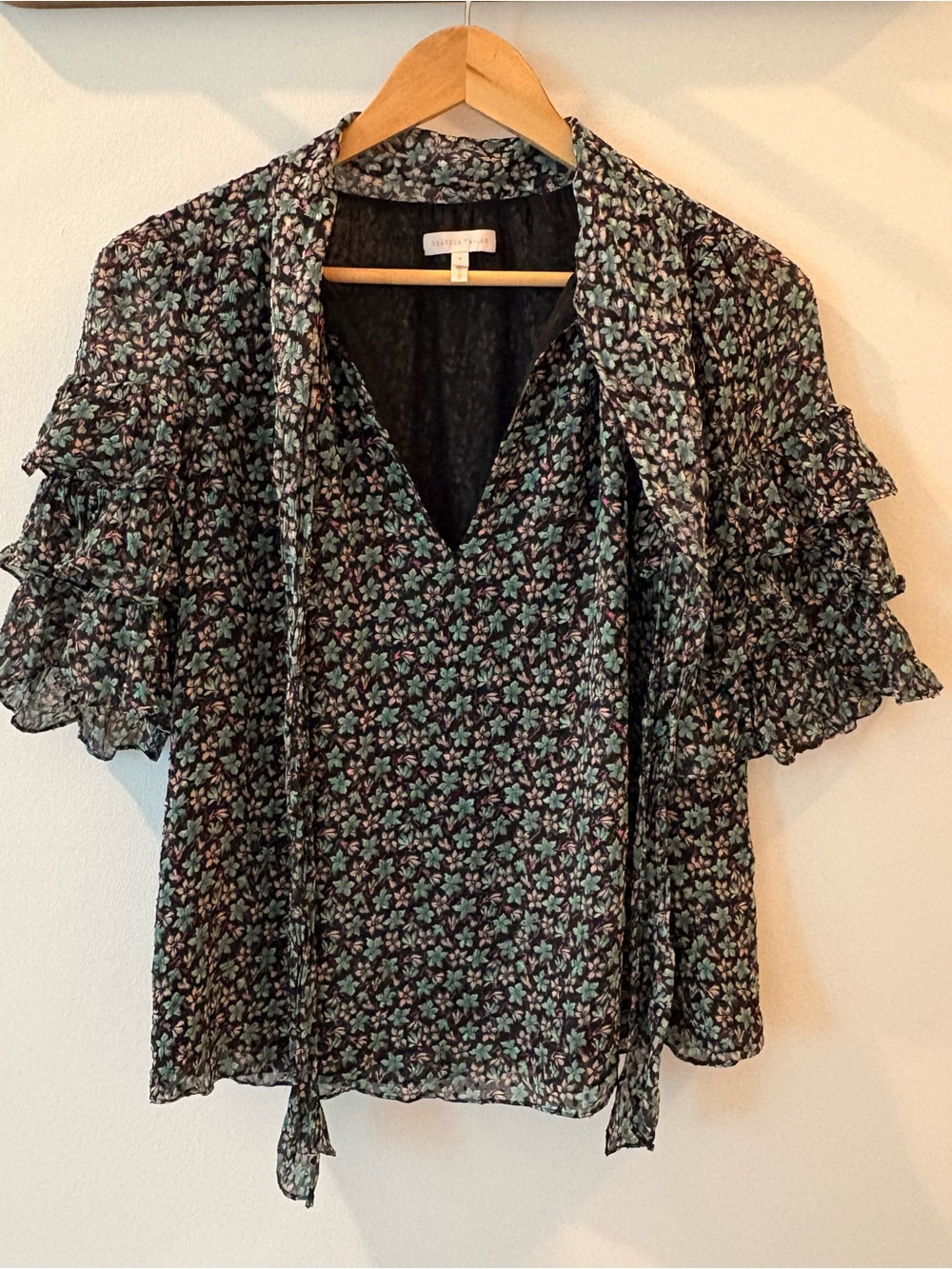 Rebecca Taylor Silk Black Floral Tie-Neck Ruffle Sleeve Blouse